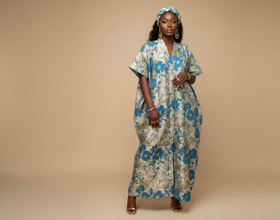 Awa Floral Jacquard Kaftan – Elegant Waist-Defining Design
