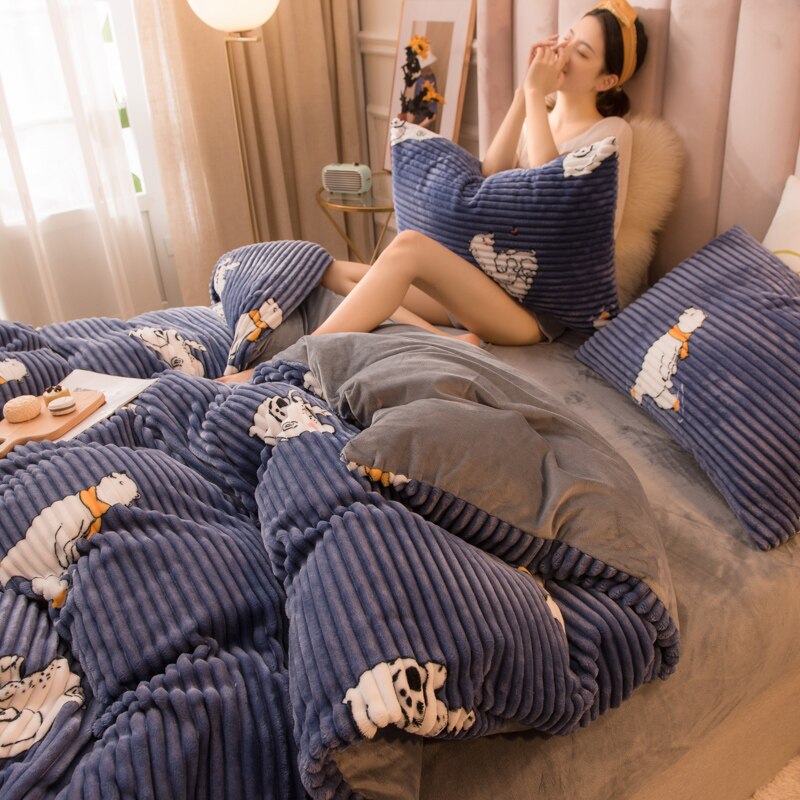 Set 4pcs AB side Flannel Winter Warm Bed Linen™Set Stripe Duvet Cover Flat Sheet Pillowcase