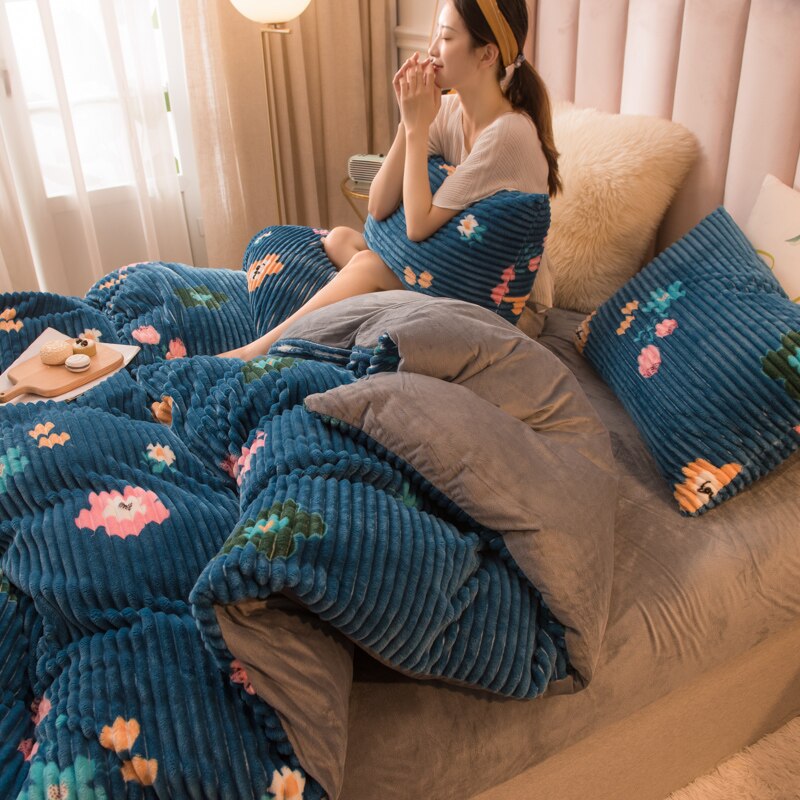 Set 4pcs AB side Flannel Winter Warm Bed Linen™Set Stripe Duvet Cover Flat Sheet Pillowcase