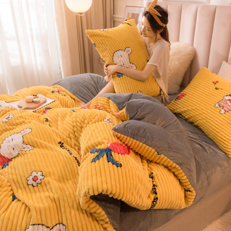 Set 4pcs AB side Flannel Winter Warm Bed Linen™Set Stripe Duvet Cover Flat Sheet Pillowcase