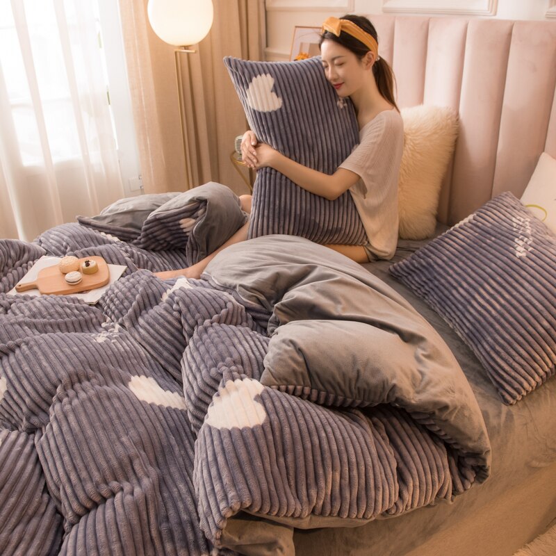 Set 4pcs AB side Flannel Winter Warm Bed Linen™Set Stripe Duvet Cover Flat Sheet Pillowcase