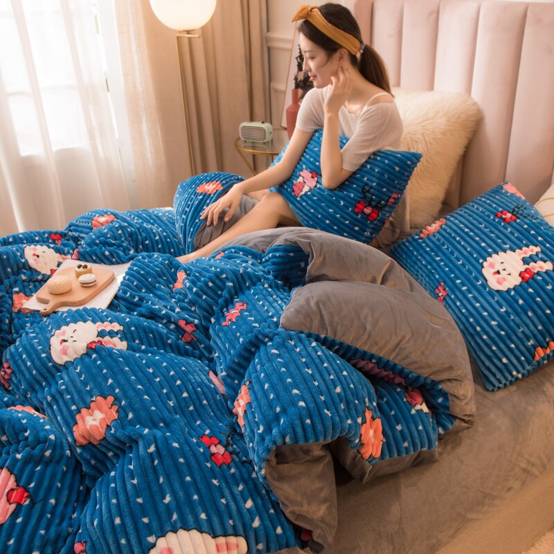 Set 4pcs AB side Flannel Winter Warm Bed Linen™Set Stripe Duvet Cover Flat Sheet Pillowcase